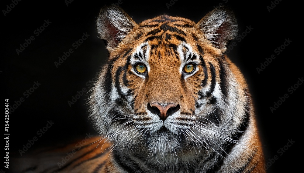 Fototapeta premium majestic tiger staring directly at the viewer exhibiting its striking orange and black striped fur against a dark background in a close up perspective