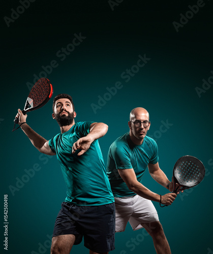 Two professional padel players with rackets on green background. Open social tournament template.