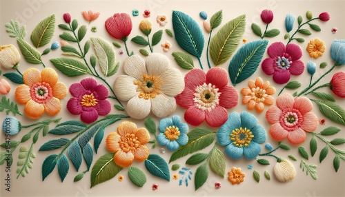 a vibrant floral embroidery design featuring colorful flowers and leaves on a soft beige background perfect for textile art and craft applications