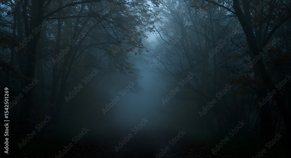 Naklejka premium Spooky forest path wallpaper eerie dark woodland scene mysterious woods foggy nature landscape photography on transparent background