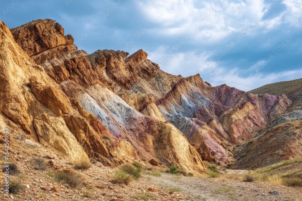 Zoomed view of a vibrant varied hued hillside in Kyzyl Chin valley Altai Republic Russia near Chagan Uzun village Striking geological rock formations Zoomed view of a vibrant varied hued hillside in Kyzyl Chin valley Altai Republic Russia near Chagan Uzun village Striking geological rock formations