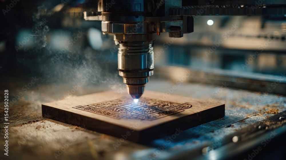 Laser engraving machine etching intricate pattern onto wooden plaque in workshop Laser engraving machine etching intricate pattern onto wooden plaque in workshop