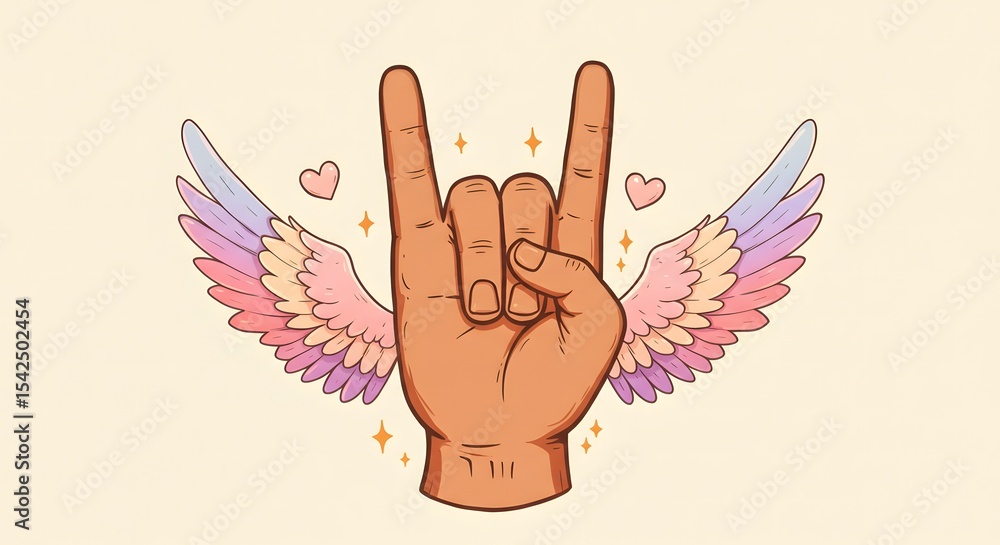 Obraz premium Stylized Rock Hand Symbol with Winged Hearts – Light Background Illustration Merging Rebellion, Passion, and Freedom in a Unique Celebration of Rock Culture