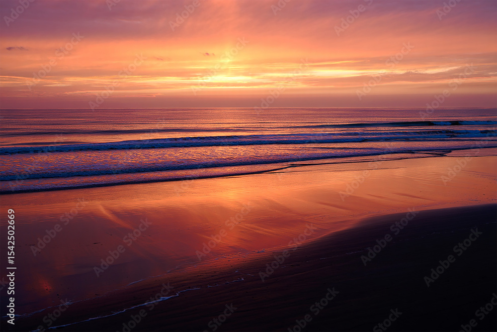 Fototapeta premium Golden Sunset on Rippled Coastal Sand – Tranquil Seaside Landscape for Adobe Stock