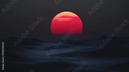 Crimson sun setting over dark ocean waves in a tranquil twilight scene