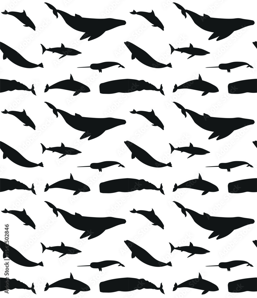Vector seamless pattern of flat hand drawn whales silhouette isolated on white background Vector seamless pattern of flat hand drawn whales silhouette isolated on white background