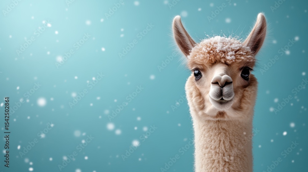 Naklejka premium A cute alpaca stands amidst gently falling snowflakes, showcasing its fluffy coat and charming expression, capturing the essence of playful winter joy in a serene atmosphere.