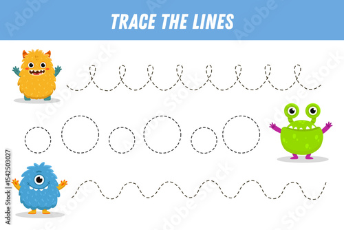Tracing lines for kids. Cute cartoon monsters. Handwriting practice. Educational game for preschool kids. Activity page. Vector
