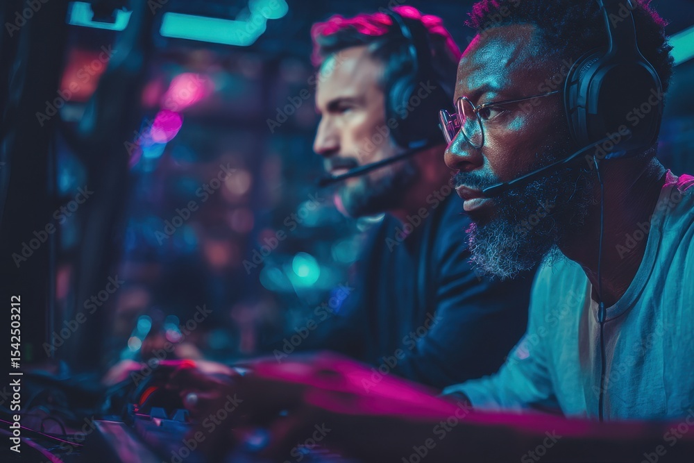 Obraz premium African gamer practices online gaming with a coach in a neon lit dark setting
