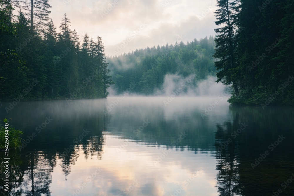 Fototapeta premium Calm lake at sunrise with orange sky