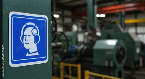 Wallpaper Mural Blue safety sign ear protection required industrial factory machinery background. Workplace health regulations compliance warning. Occupational safety concept Torontodigital.ca
