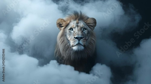 Majestic lion emerging from mystical clouds in dramatic lighting