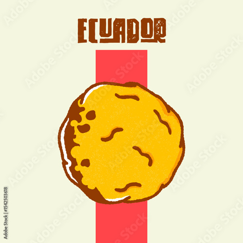 Retro illustration of Ecuadorian bolón de verde with cheese and Ecuador text