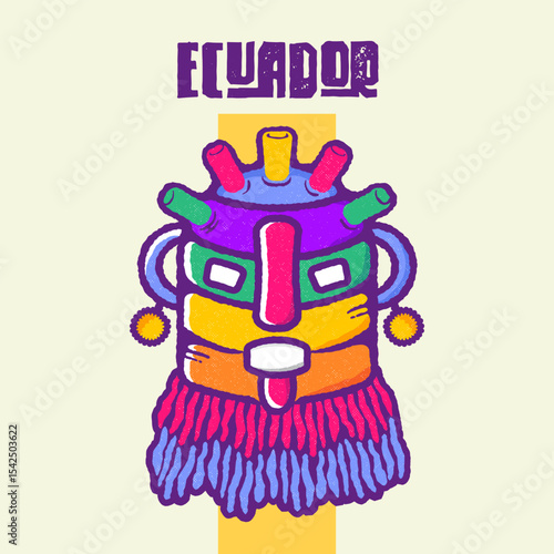 Colorful illustration of Diablo Huma or Aya Uma, Andean figure from Inti Raymi, with “Ecuador” text.