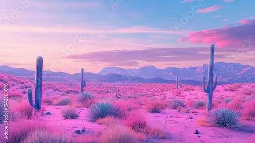 Surreal desert landscape with pink and purple hues and tall cacti at sunset