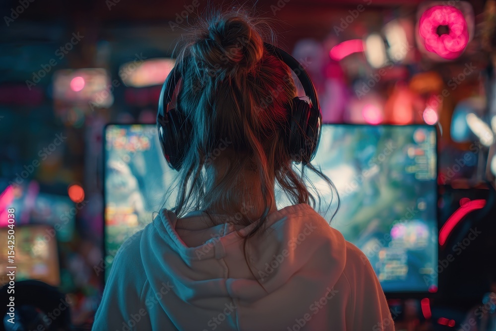 Rear view of an attractive gamer girl playing a first person shooter on her PC in a neon themed dark room Rear view of an attractive gamer girl playing a first person shooter on her PC in a neon themed dark room