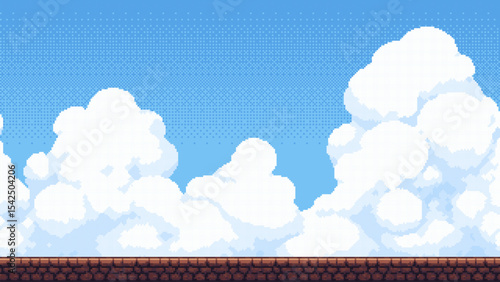 Fantasy game platform background with blue sky and floating clouds. Pixel art level design for video game.
