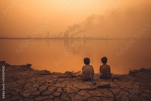 Concept of climate change and global warming Kids by a drying lake under an orange sky due to pollution