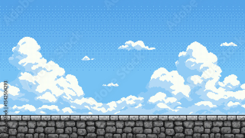 Pixelated stone wall and blue sky with white clouds. Retro video game background concept for game design and old-school platformer.