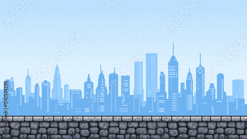 Pixel art game level with a city silhouette and a stone wall platform. Retro video game background with cityscape.