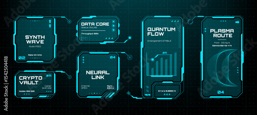 Futuristic hud vector graphics elements showcasing data processing on a dark grid background. Digital interface for concept display.