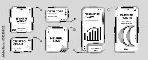 HUD vector graphics for futuristic data display with synth wave, quantum flow, crypto vault. Cyberpunk UI elements.