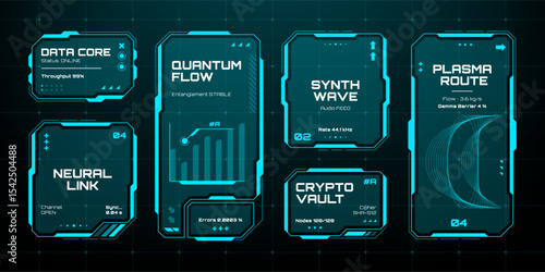 Futuristic hud vector graphics elements showcasing data core, quantum flow, and crypto vault interfaces for digital information display.
