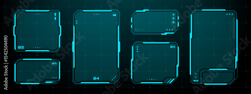Set of head up display hud vector graphics with futuristic interface frames. Futuristic digital border for game menu.