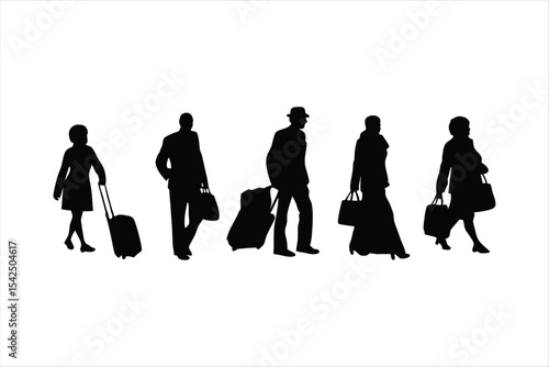 Travelers with Luggage Silhouettes - Airport Passengers Vector Set
