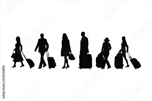 Travelers with Luggage Silhouettes - Airport Passengers Vector Set
