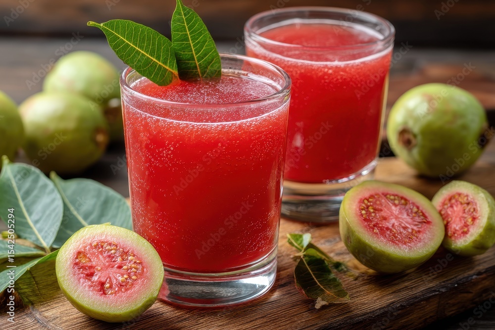 Red guava juice sits on a wooden surface accompanied by sliced guava and leaf decor Red guava juice sits on a wooden surface accompanied by sliced guava and leaf decor