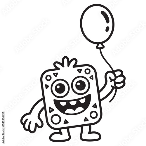 Monster Holding Balloon and Smiling Line Art for Whimsical Kids Coloring Book
