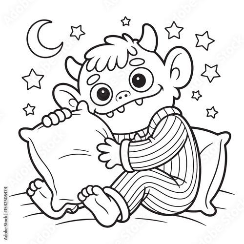 Cute Monster and Child Reading Bedtime Story Under Stars Line Art Illustration
