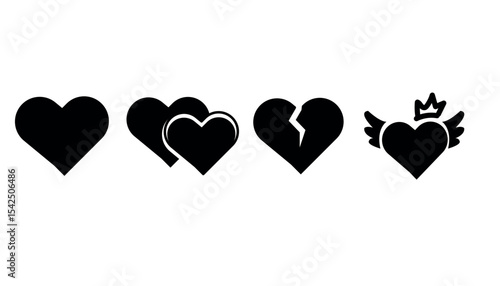 Collection of hand drawn black heart icons representing love loss and royalty.