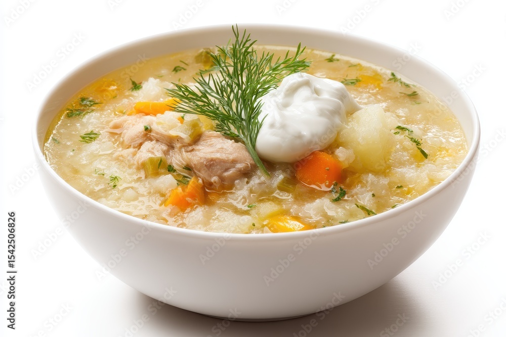 Chicken and vegetable porridge on a white backdrop Chicken and vegetable porridge on a white backdrop