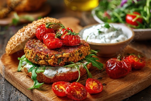 Wallpaper Mural Chickpea veggie burger with herb garlic yogurt dip and cherry tomato salad Torontodigital.ca