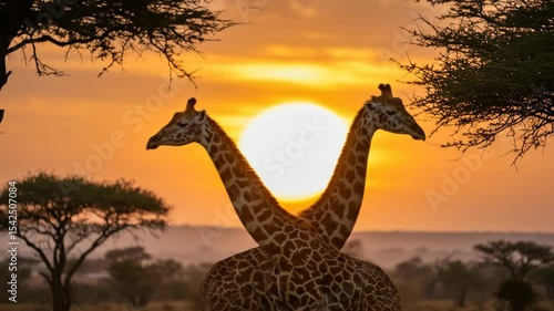 Two giraffes in silhouette forming a heart shape with their necks at sunset. A romantic couple of wild animals in the African savanna. Iconic safari landscape with a golden sun. World Giraffe Day