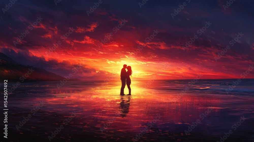 Fototapeta premium Silhouetted couple kisses on a beach during a fiery sunset. Deep red and orange clouds fill the sky, casting reflections on wet sand, evoking passion, serenity, and timeless love. Generative AI