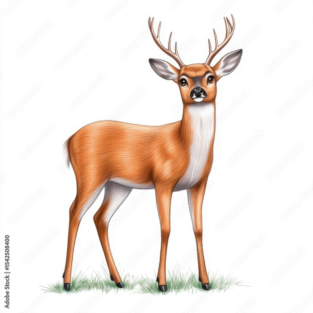 Fototapeta premium Realistic Illustration of a Young Deer Standing on Green Grass