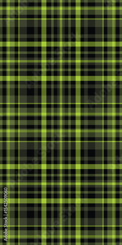 Girl textile texture background, hippie seamless pattern fabric. Curve check vector tartan plaid in lime and black colors.