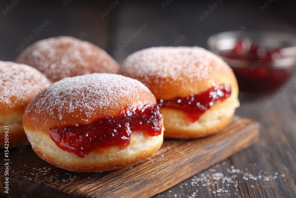 Delicious jam filled donuts on a wooden surface Hanukkah theme Delicious jam filled donuts on a wooden surface Hanukkah theme
