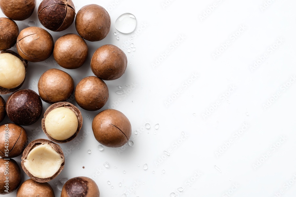 Obraz premium Delicious macadamia nuts on a white backdrop top view Text space available