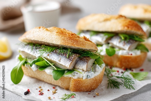 Wallpaper Mural Delicious herring sandwiches with horseradish sauce on a bright table Torontodigital.ca