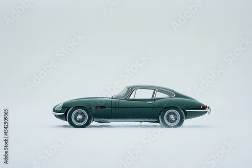 A classic green Jaguar E-Type coupe glides gracefully across a snow-covered landscape, embodying timeless elegance.