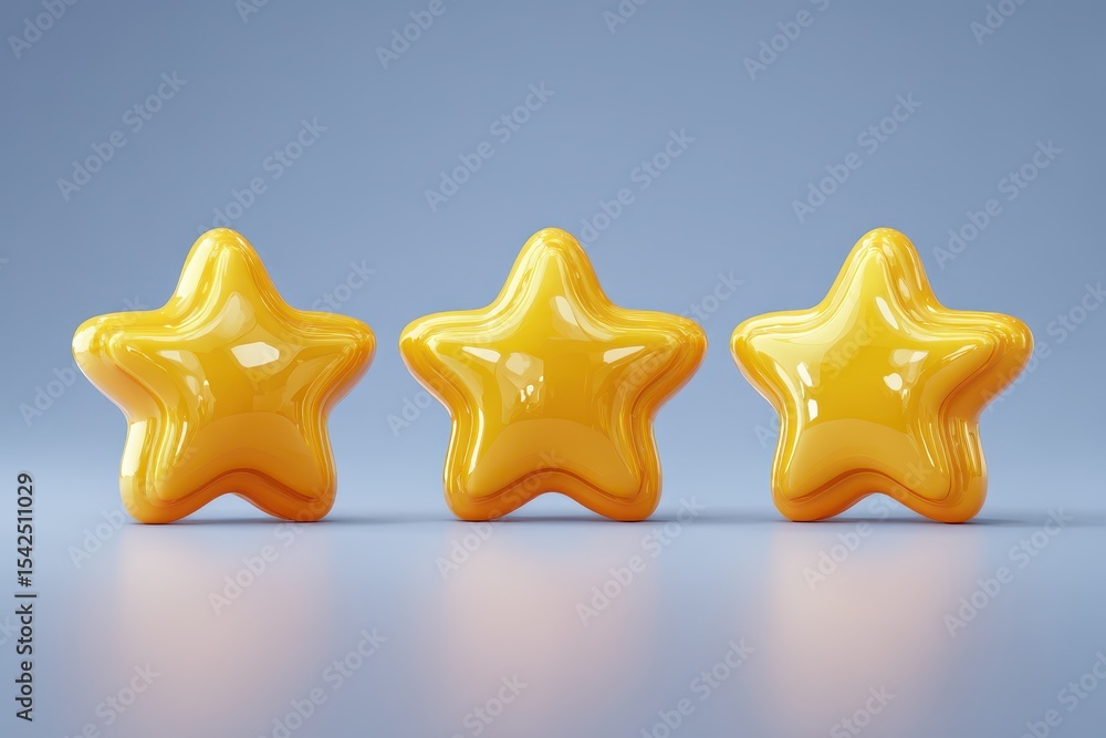 Obraz premium Three shiny yellow stars Game achievements Client feedback on website employee Realistic 3D design for mobile apps Vector graphic