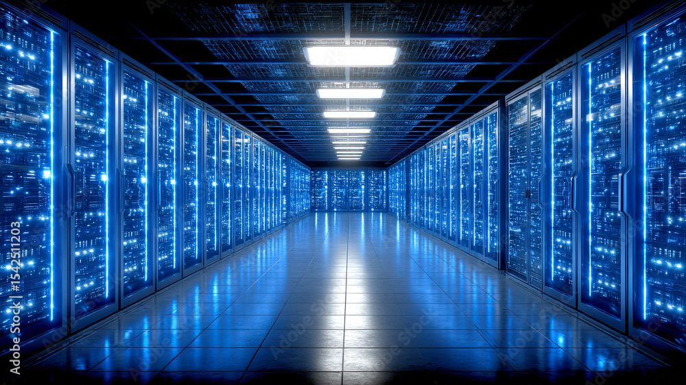 Fototapeta premium Futuristic data center hallway with glowing blue lights and rows of servers creates high tech atmosphere. symmetrical design and illuminated panels enhance modern feel