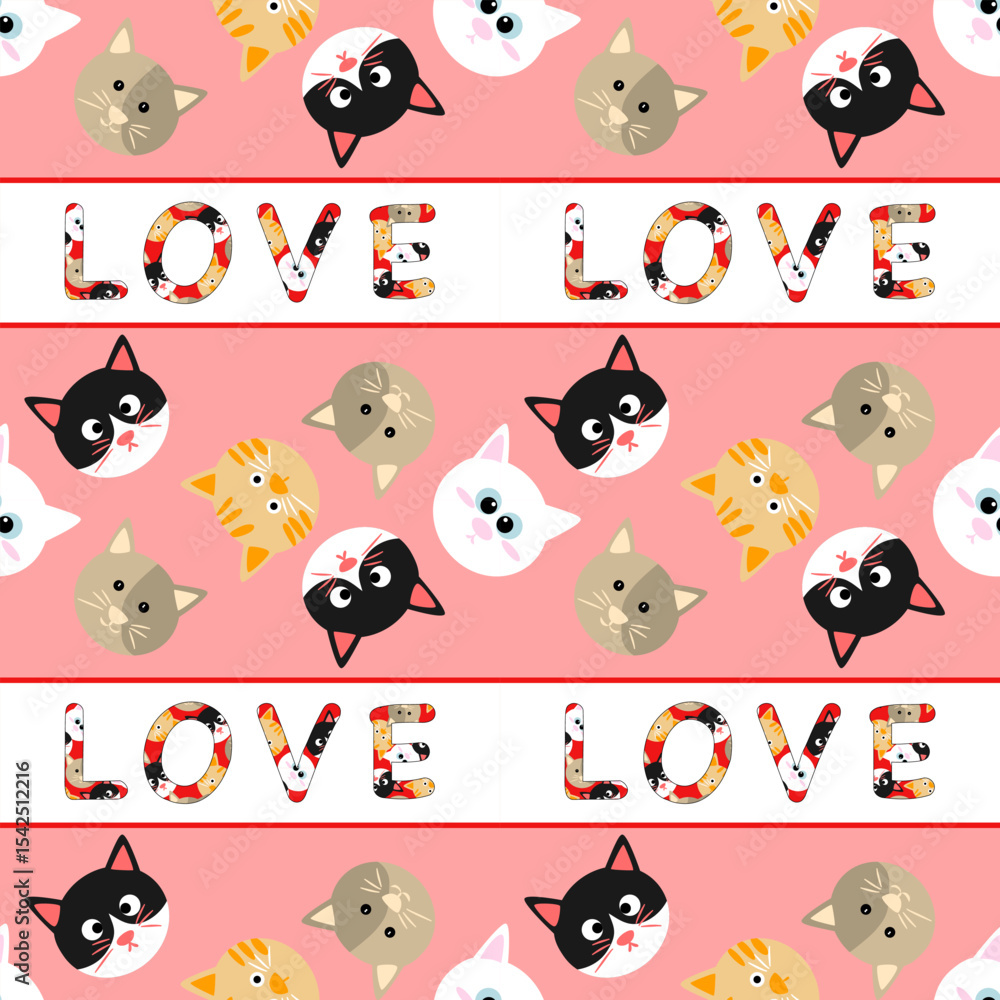 Obraz premium Cute cats pattern with love text, pink background