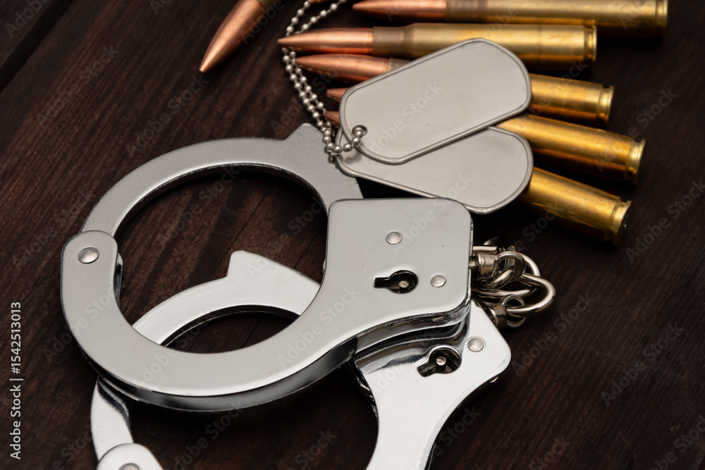 Obraz premium A close-up of shiny handcuffs, two army badges and several cartridges. The objects are lying against a background of aged wood,