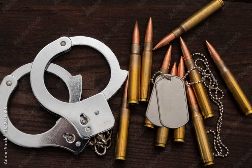 Fototapeta premium Metal handcuffs, army badges and rifle cartridges are arranged on a dark wooden surface. The image symbolises the themes of justice, military service, crime and conflict.