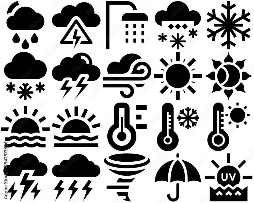 Vector collection of weather and climate icons in black silhouettes Vector collection of weather and climate icons in black silhouettes